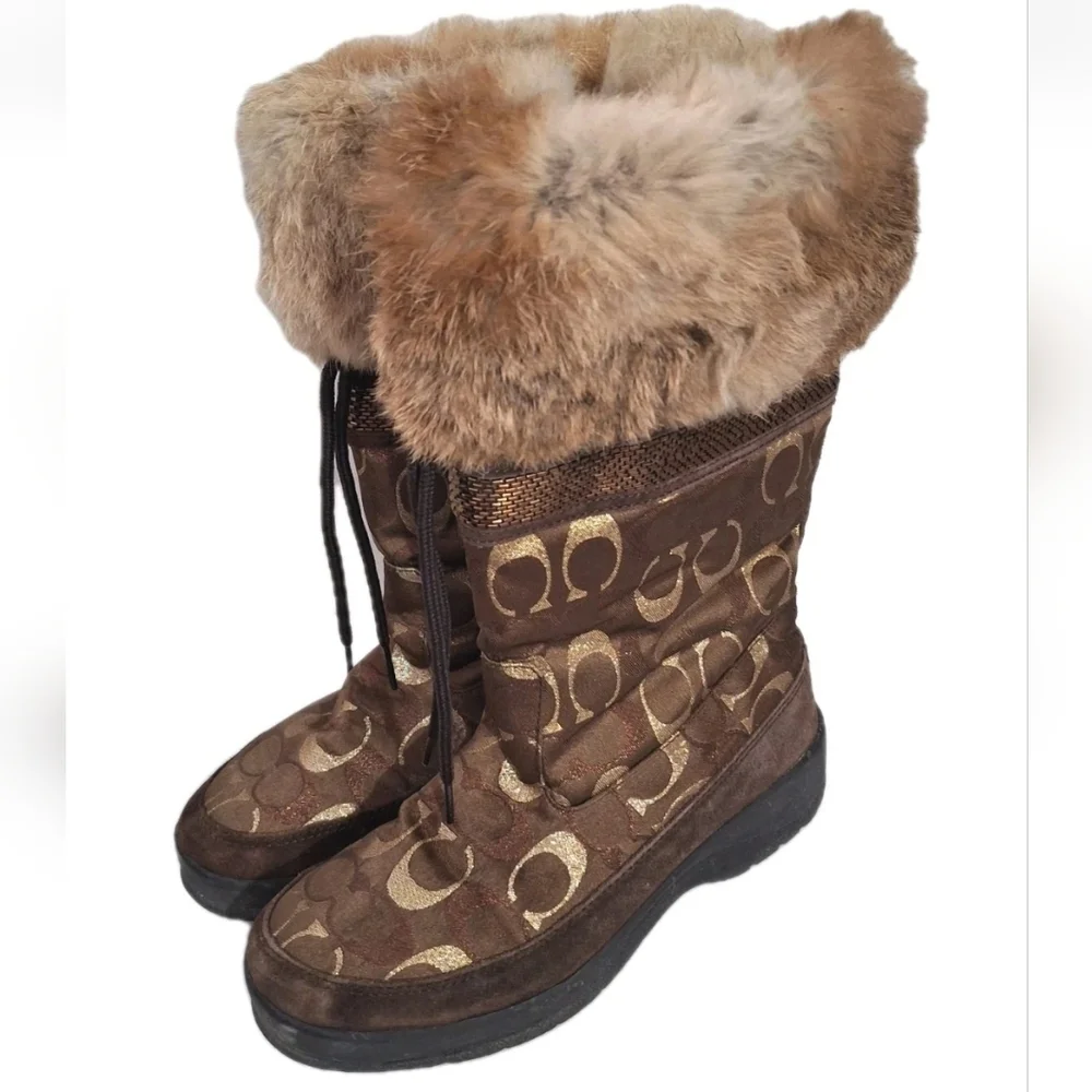 Coach Lizzie Signature Winter Fur Trim Boots Brown Gold Metallic C Size 7 A7048